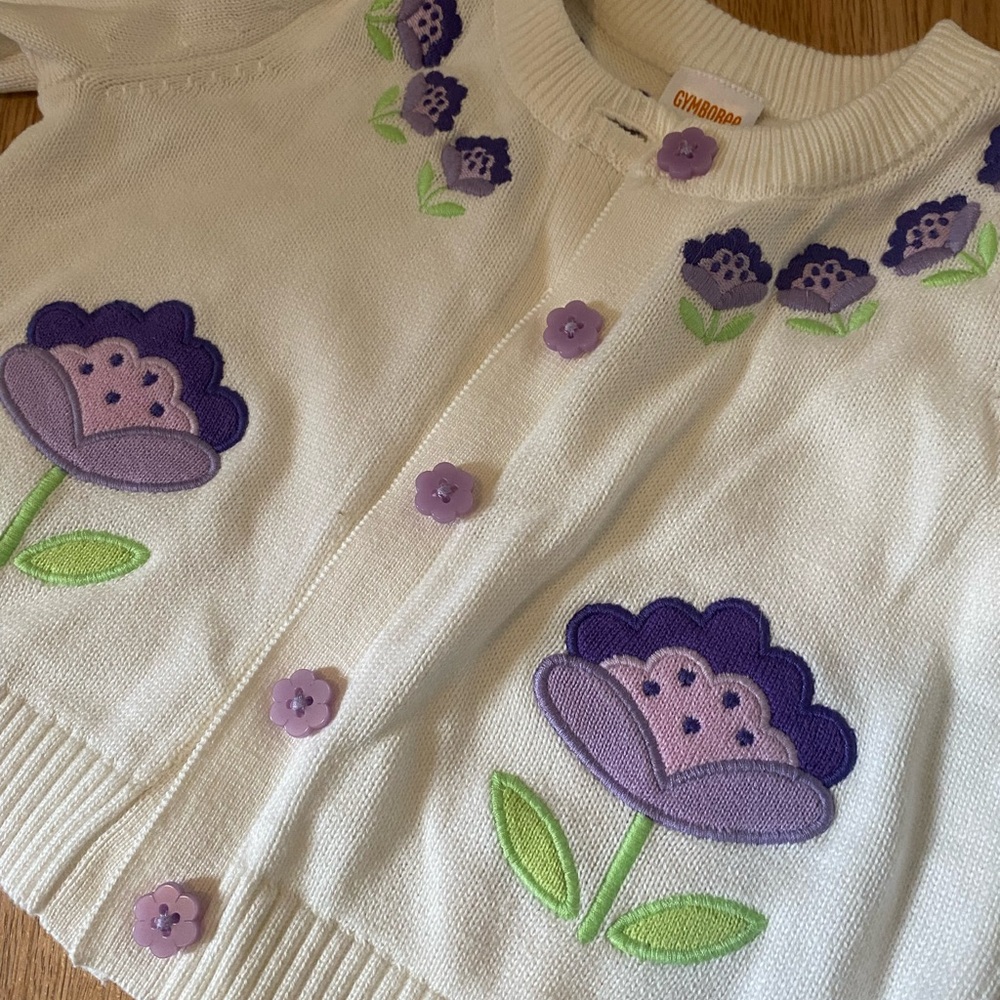Gymboree White Cardigan with Purple Floral Design